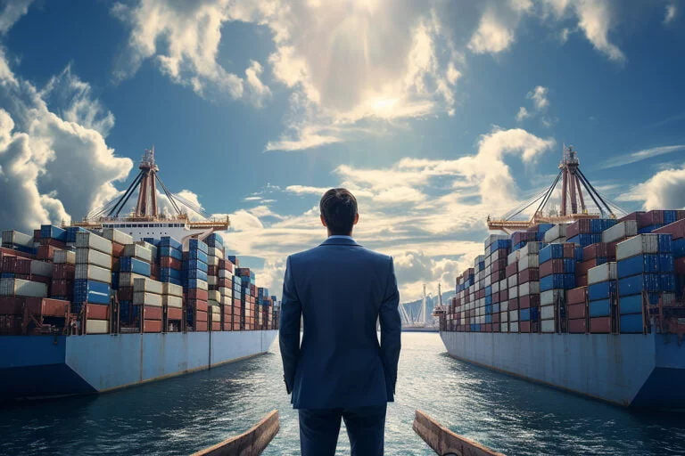 Back View of Businessman Looking at Cargo Containers in Harbor Generative AI
