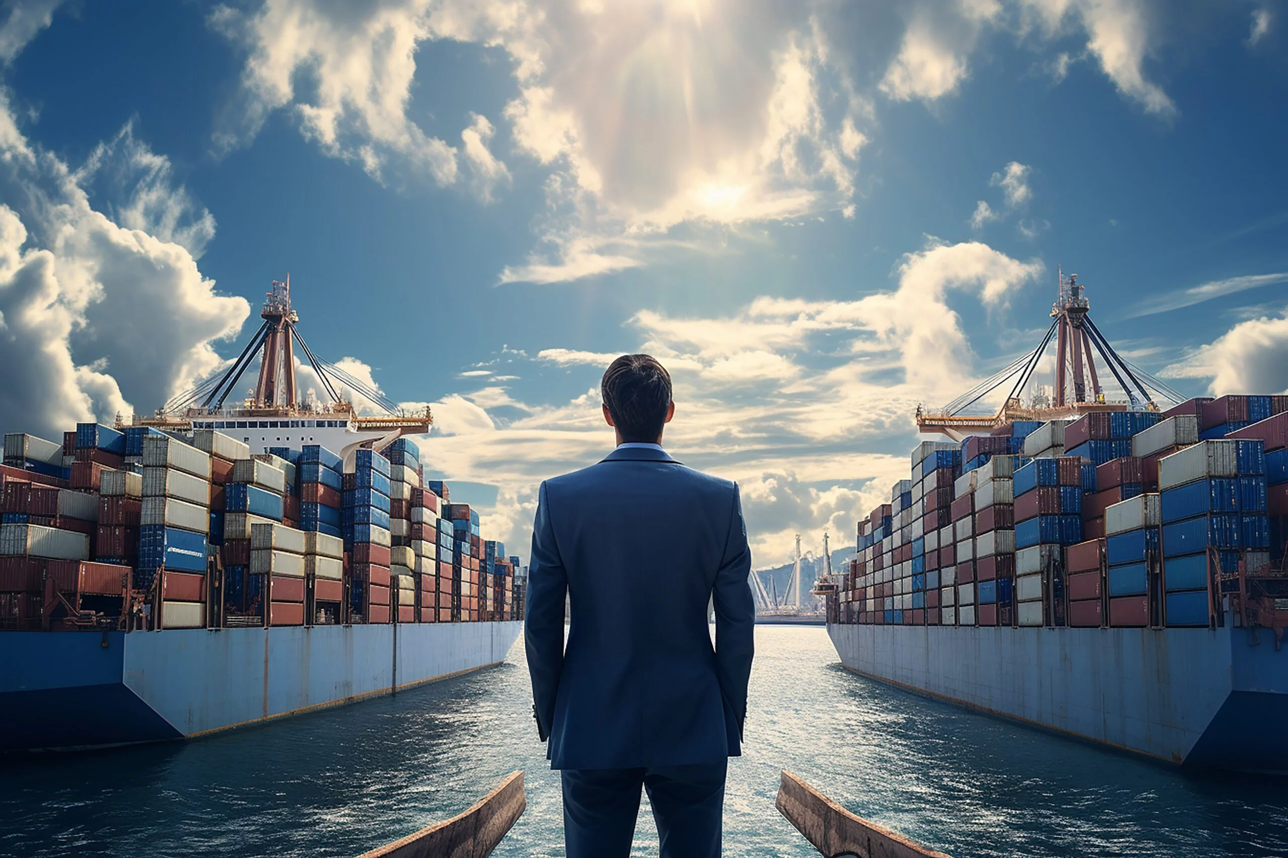 Back View of Businessman Looking at Cargo Containers in Harbor Generative AI