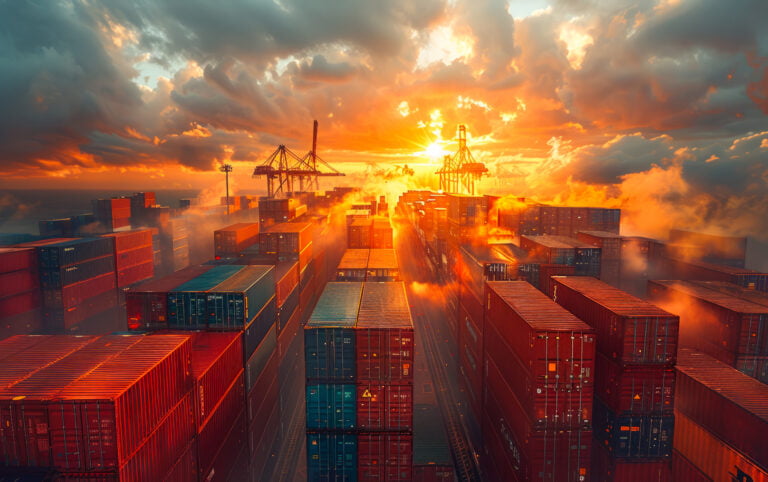 Container ship in the harbor at sunset