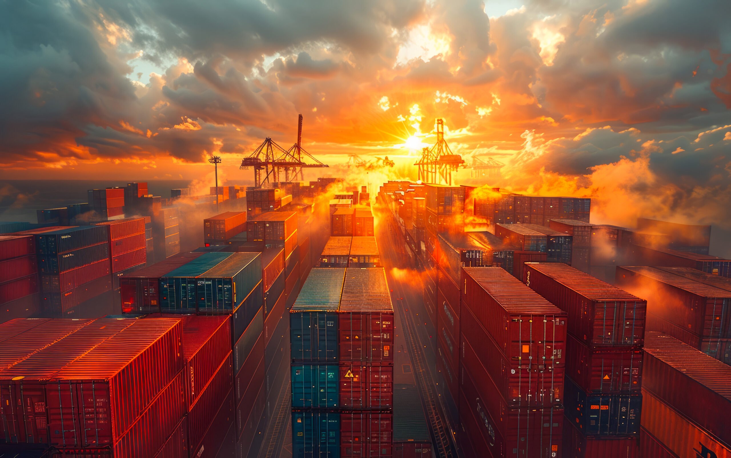 Container ship in the harbor at sunset