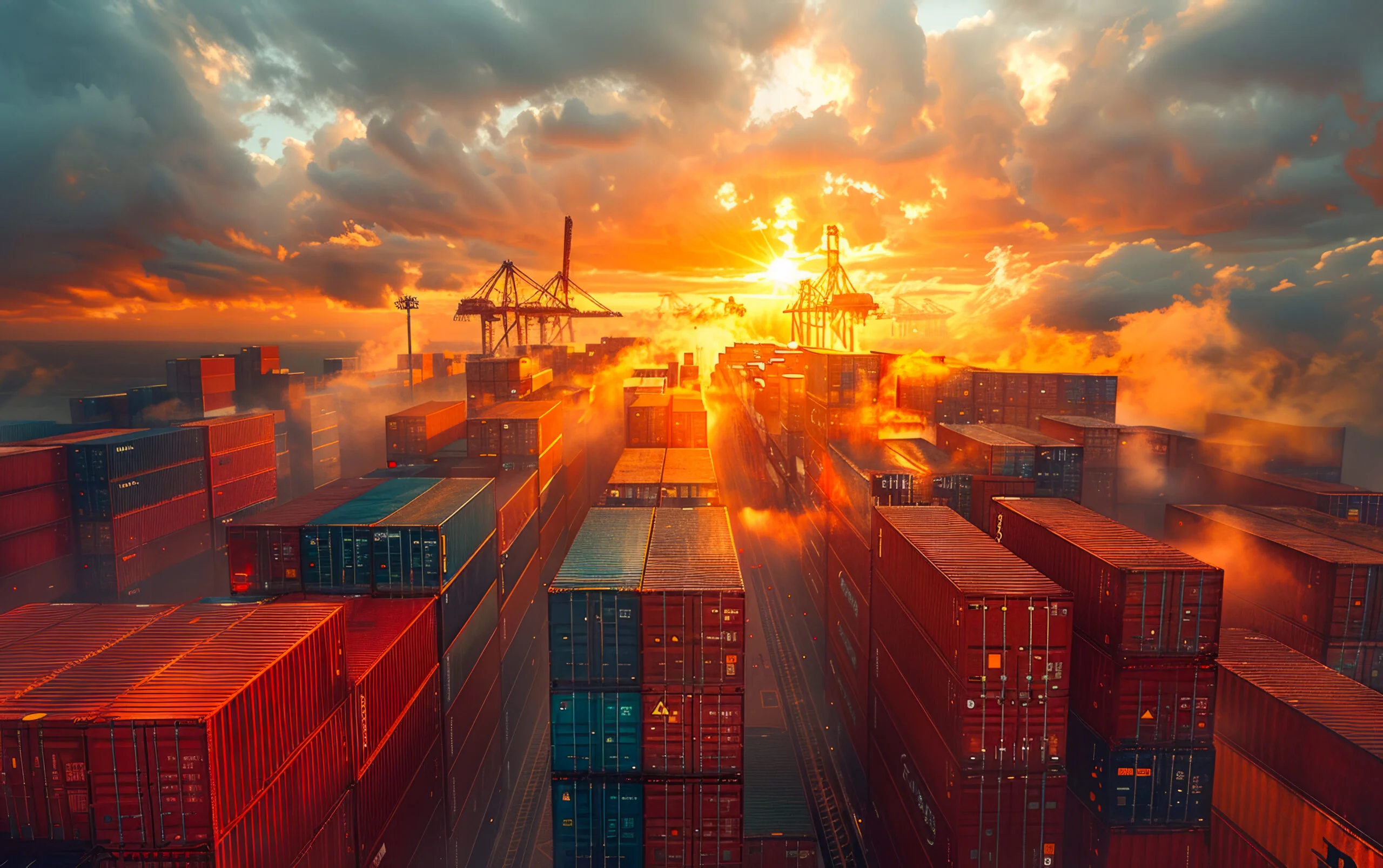 Container ship in the harbor at sunset