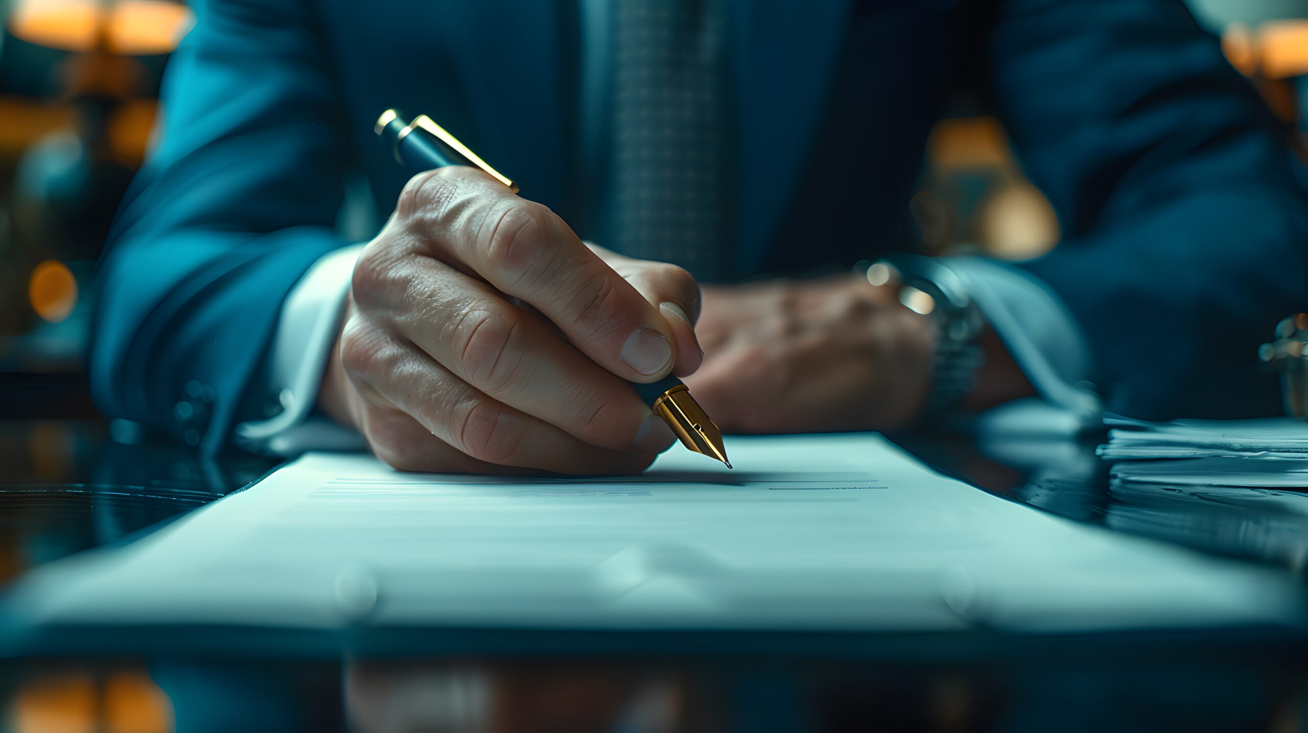 Hand writing with pen blue sleeve white paper document signing closeup professional setting office d