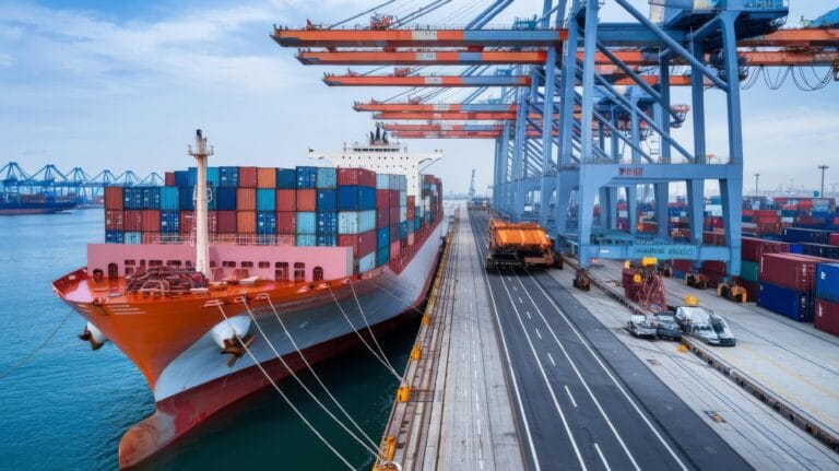 Contner terminal an oceangoing freighter berth at port of ningbo china