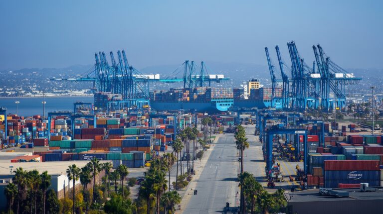 Massive shipping port with containers stacked cranes loading onto large cargo ships