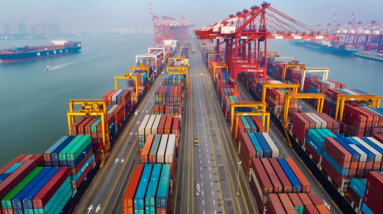 Logistics container Cargo ship transportation with working crane bridge in deep sea port for import export