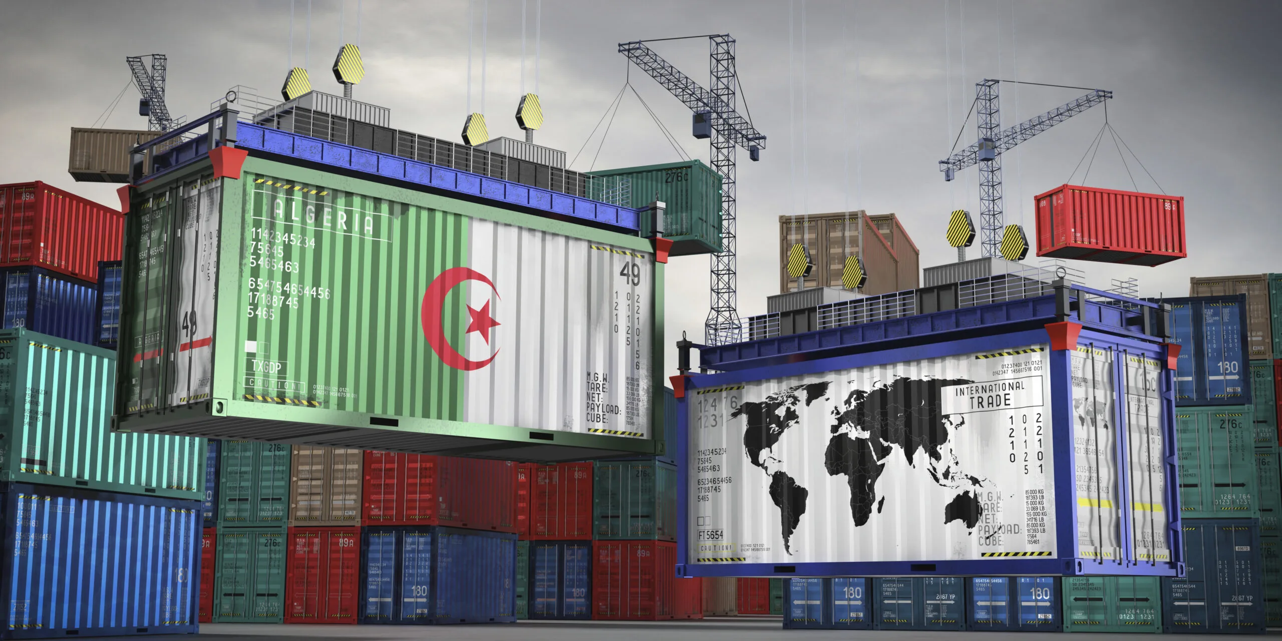 Flags of Algeria and world map on cargo containers international trade concept 3D illustration