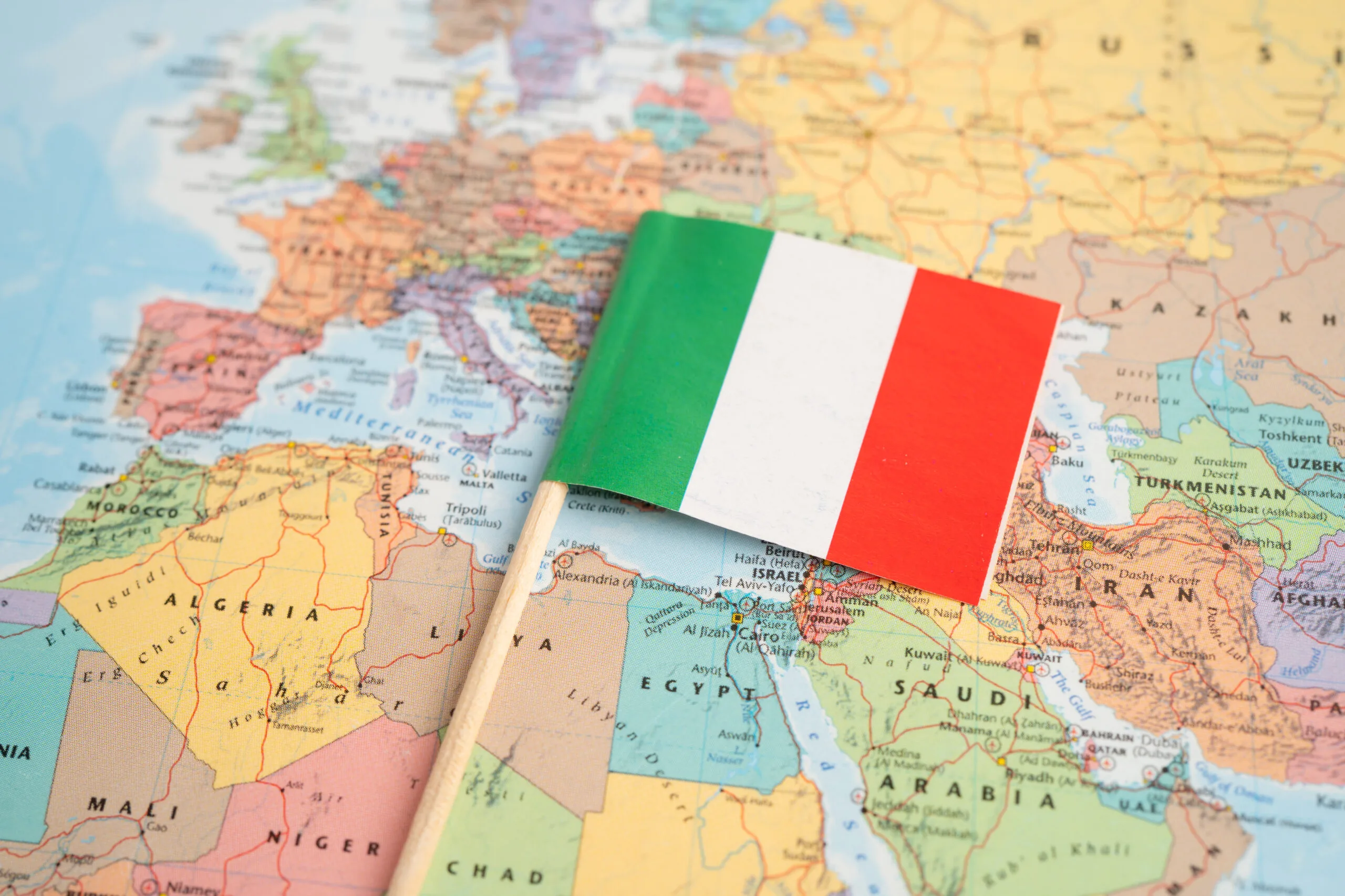 Bangkok Thailand May 7 2024 Italy flag on world map