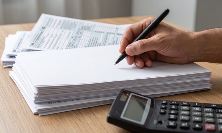 Person Writing on Tax Forms at Desk with Calculator